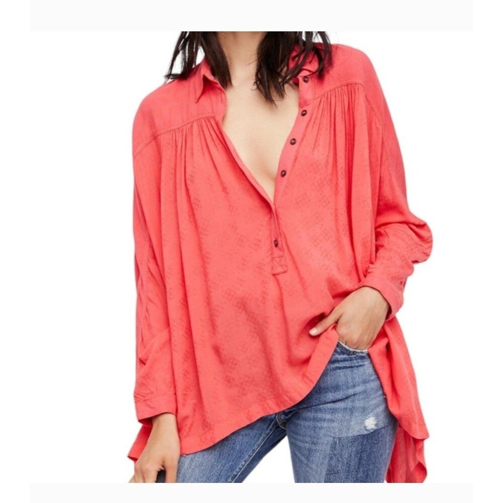 Free People Coral Red Flowing Button Front Blouse